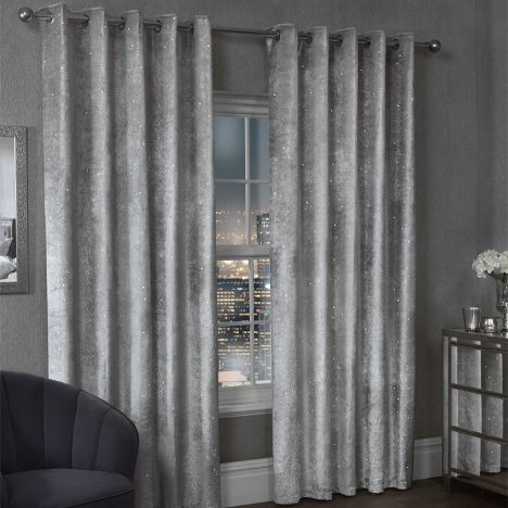 Paris Glitter Crushed Velvet Fully Lined Ring Top Curtains - Silver Grey