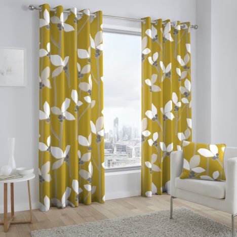 Kalmar Floral Fully Lined Eyelet Curtains - Ochre Yellow