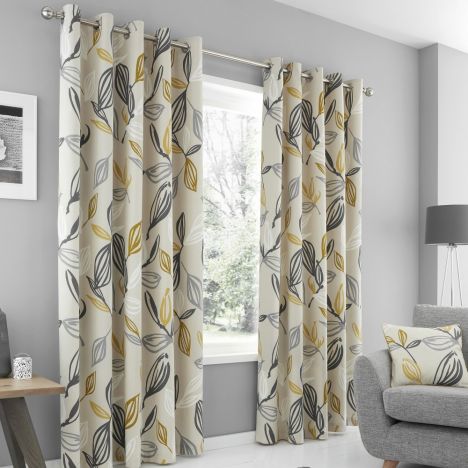 Ensley Leaves Fully Lined Eyelet Curtains - Ochre Yellow