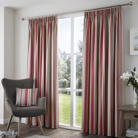 Sandringham Striped Fully Lined Tape Top Curtains - Red