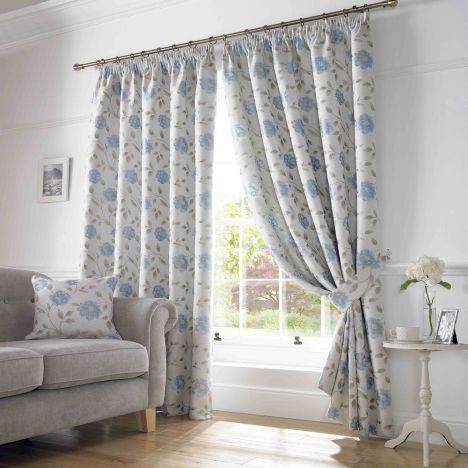 Hereford Woven Jacquard Floral Fully Lined Tape Top Curtains - Blue