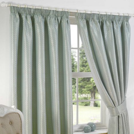 Sicily Woven Jacquard Fully Lined Tape Top Curtains - Duck Egg Blue