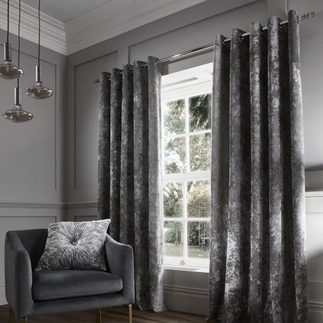 Catherine Lansfield Luxury Crushed Velvet Fully Lined Eyelet Curtains - Silver Grey