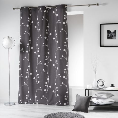 Clochettes Printed Cotton Single Curtain Panel with Eyelets - Charcoal Grey