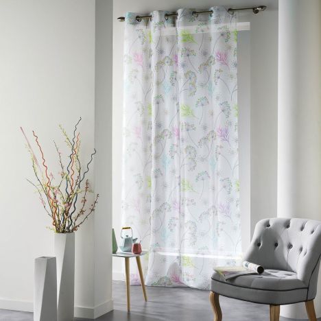 Poesie White Eyelet Voile Curtain Panel with Multicolour Printed Flowers