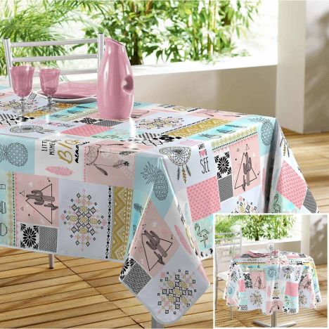 Optima Printed PVC Tablecloth - Mint Blue & Coral Pink