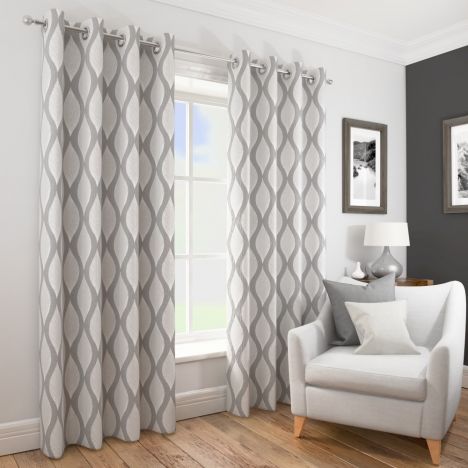 Deco Wave Fully Lined Ring Top Curtains - Silver Grey