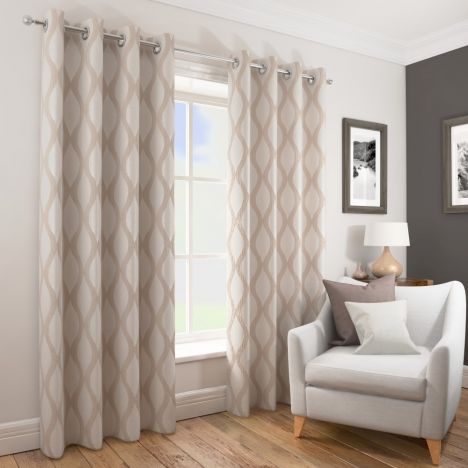 Deco Wave Fully Lined Ring Top Curtains - Natural Beige