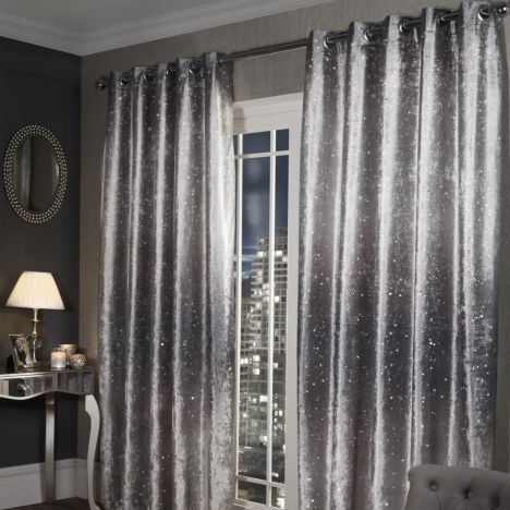 Glitter Crushed Velvet Fully Lined Ring Top Curtains - Silver Grey