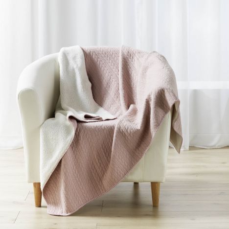 Tricoline Jersey Sherpa Throw with Plaid Pattern - Pink