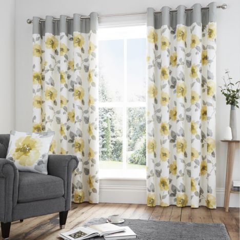 Adriana Floral Fully Lined Eyelet Curtains - Ochre Yellow