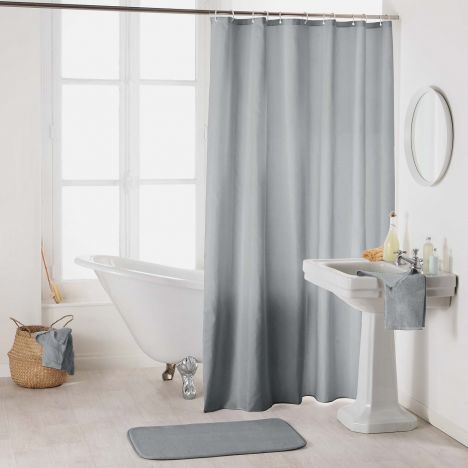 Essencia Plain Shower Curtain Extra Long Drop with Hooks - Silver Grey