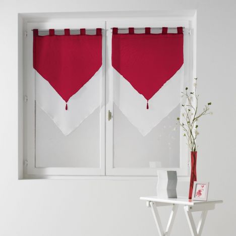 Pair Of Two Tone Contrast Tassel Voile Blinds With Tab Top - Red & White