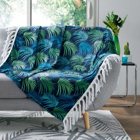 Vegetal Flannel Tasselled Throw with Printed Palm Leaves - Blue & Green