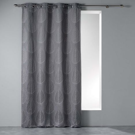 Mahe Jacquard Eyelet Curtain Panel with Embroidered Leaves - Charcoal Grey