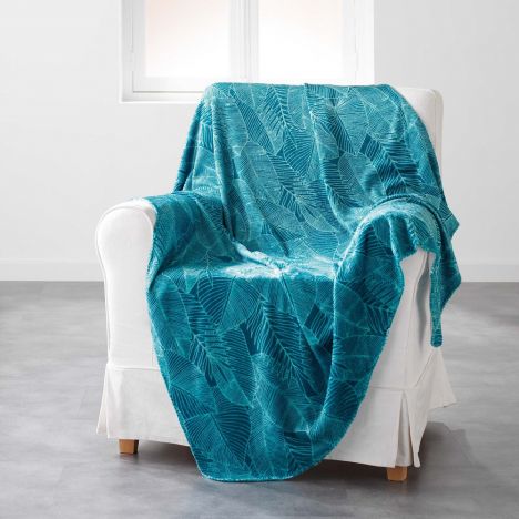 Gatsby Soft Flannel Throw with Printed Leaves - Aqua Blue: 125 x 150 cm
