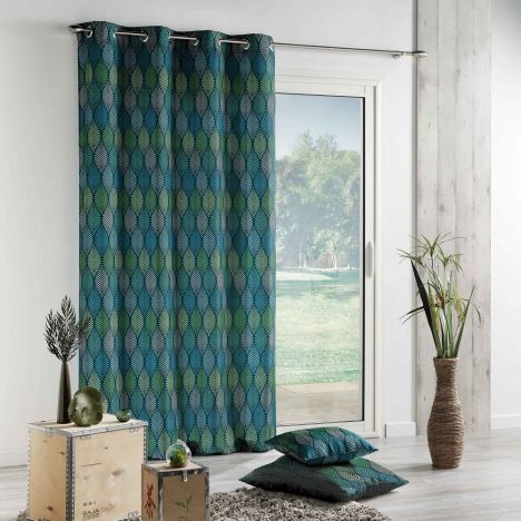 Winter Green Printed Curtain Panel with Eyelet Top - Green & Blue