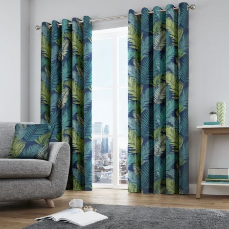 Tropical Leaf Fully Lined Eyelet Curtains - Multi