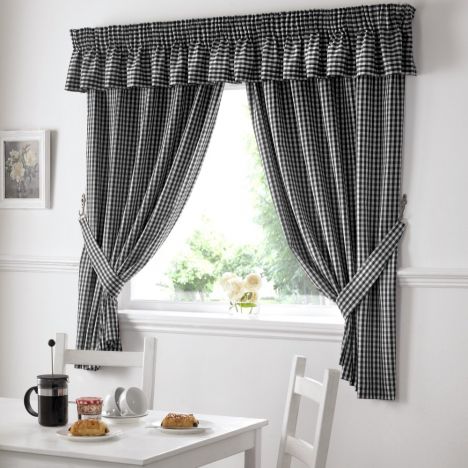 Gingham Check Kitchen Tape Top Curtains - Black
