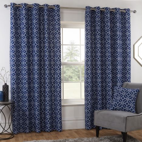 Kelso Geometric Fully Lined Eyelet Curtains - Navy Blue