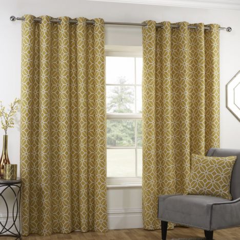 Kelso Geometric Fully Lined Eyelet Curtains - Ochre Yellow