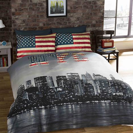 New York Skyline & American Flag Reversible Duvet Cover Set